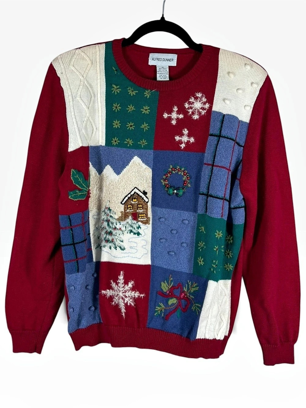 Vintage Alfred Dunner Womens Christmas Sweater Red Medium Patchwork Embroidered